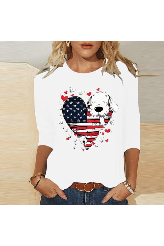 Women's Independence Day Shirts Funny American Flag Print Patriotic Tshirts Elegant 3/4 Sleeve Tees Comfortable Crew Neck Blouses Tops