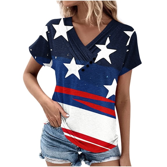 Inverlee Women's Independence Day Shirts Plus Size Patriotic Red White and Blue Print Tshirts Elegant Short Sleeve Tees Comfortable V Neck Blouses Tops