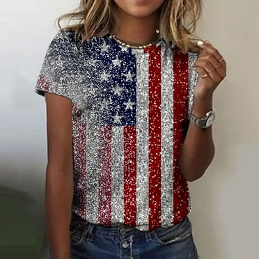 Inverlee Women's Independence Day Shirts Summer American Flag Print Patriotic Tshirts Tunic Short Sleeve Tees Classic Crew Neck Blouses Tops