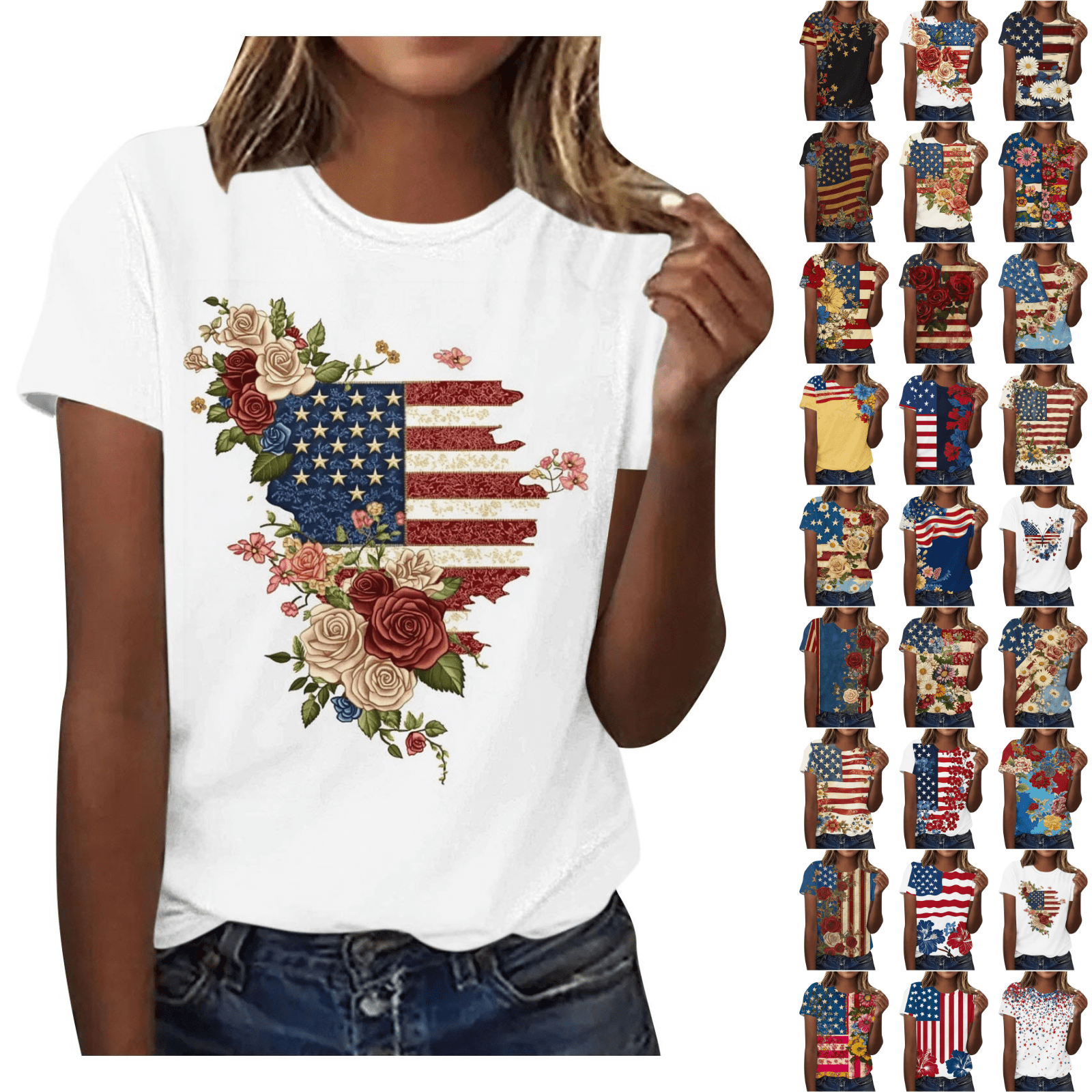 Inverlee 4th of July Short Sleeve Round Neck Tops for Women USA
