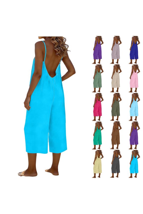 Women's Jumpsuits with Adjustable Spaghetti Strap Trendy Solid Backless Stretchy Long Pant Romper Casual Loose Fit Backless Jumpsuits
