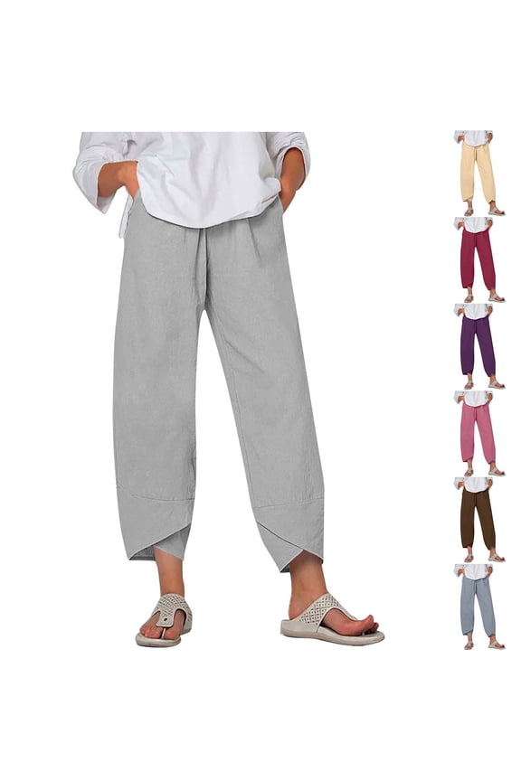 Women's Linen Cropped Tulip Pants Trendy Relaxed Fit Trousers Weekend Casual Breathable Bottoms Blue XL