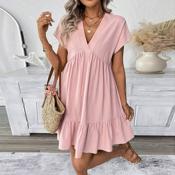Inverlee Women's Linen Short Sleeve Dresses V Neck Ruffle Hem Mini Dresses Beach Casual Flowy Going Out Sundress