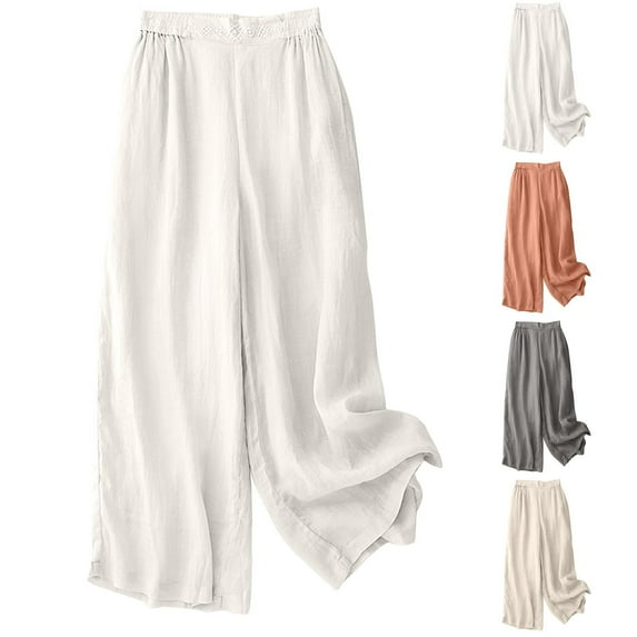Inverlee Women's Linen Wide Leg Palazzo Pants Casual Loose Fit Elastic Waist Bottoms Spring Versatile Embroidered Breathable Trousers