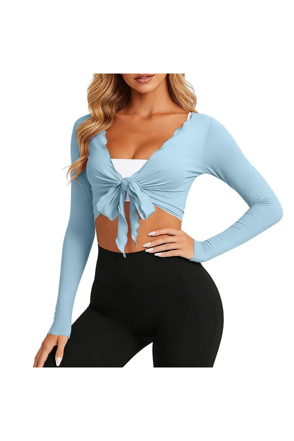 Women's Long Sleeve Cardigans Open Tie Front Ruffle Trim Wrap Bolero Shrug Lightweight Comfy Stretch Yoga Gym Pilates Outfits Blue XL