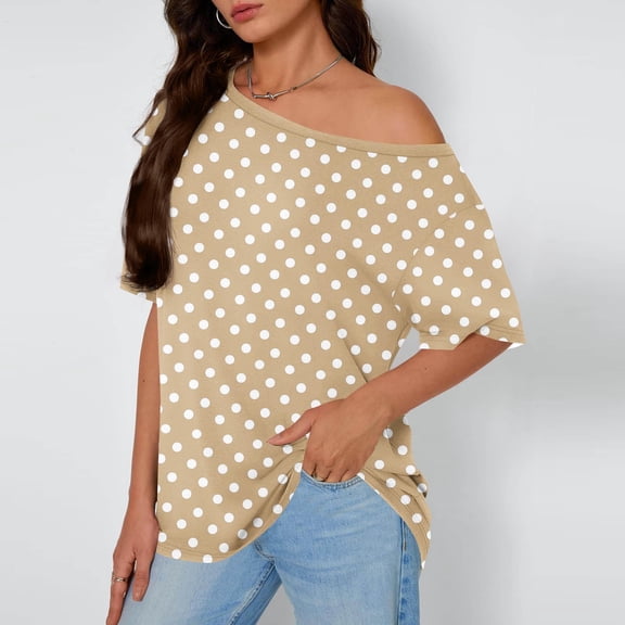 Inverlee Women's One Shoulder Short Sleeve Tops Homewear Polka Dot Top Casual Oversized Summer Top