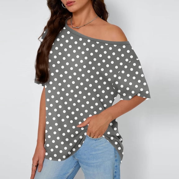 Inverlee Women's One Shoulder Short Sleeve Tops Homewear Polka Dot Top Casual Oversized Summer Top