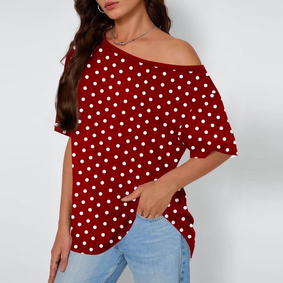 Inverlee Women's One Shoulder Short Sleeve Tops Homewear Polka Dot Top Casual Oversized Summer Top