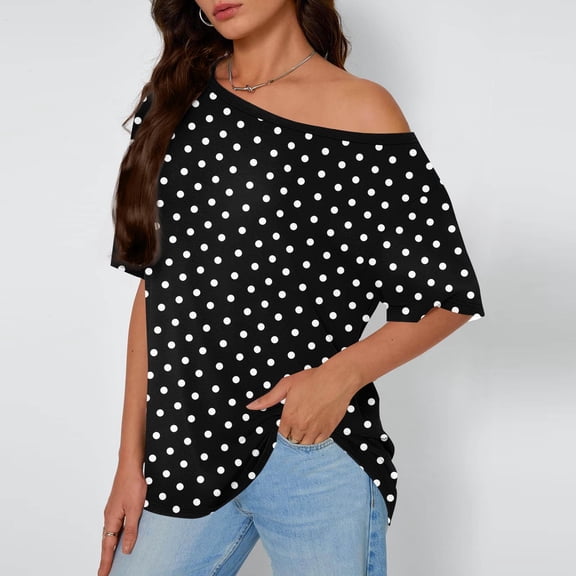 Inverlee Women's One Shoulder Short Sleeve Tops Homewear Polka Dot Top Casual Oversized Summer Top