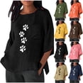 thumbnail image 1 of Inverlee Women's Paw Print Cotton Linen Tshirts Trendy Casual Relax Fit 3/4 Sleeve Tee Tops Summer Versatile Round Neck Blouse, 1 of 6