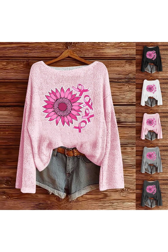 Women's Pink Sunflower Multi Ribbon Graphic Off Shoulder Long Sleeve Waffle Knit Sweater Autumn Layer Casual Daily Tops