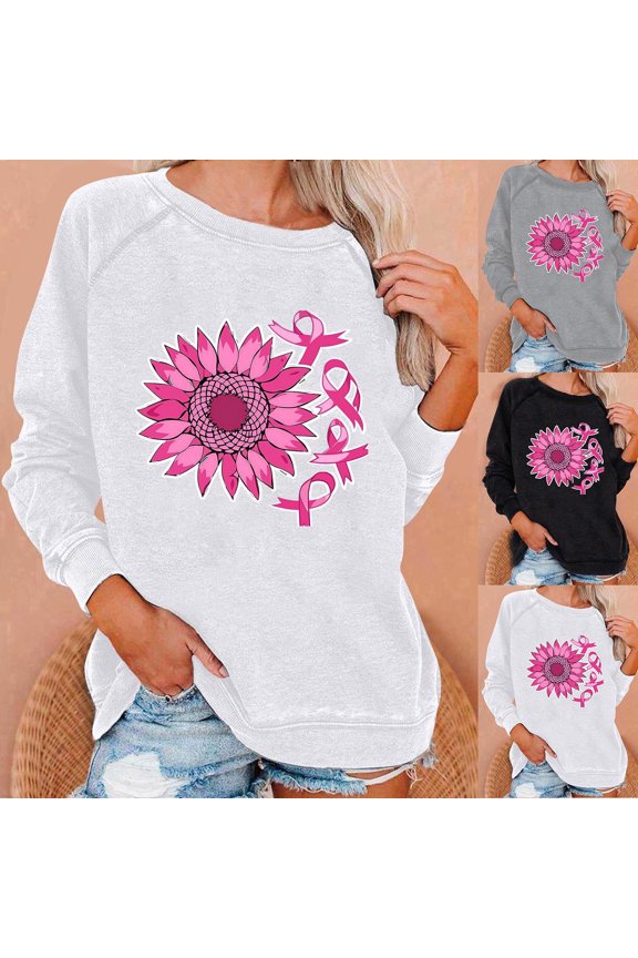 Women's Pink Sunflower Multi Ribbon Print Raglan Crew Neck Sweatshirt Autumn City Layer Casual Outfits