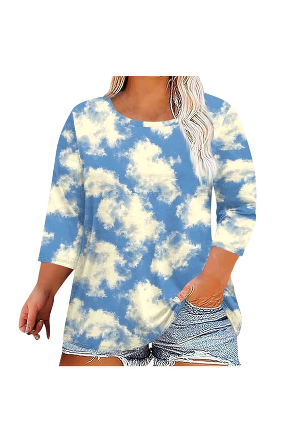 Women's Plus Size Cloud Print 3/4 Sleeve Tunic Tops Summer Casual Relax Fit Round Neck Tees Trendy Versatile Breathable Lightweight Blouse