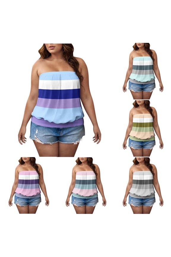Women's Plus Size Color Block Sleeveless Tube Tops Summer Versatile Strapless Bandeau Tanks Trendy Off Shoulder Wide Striped Tunics