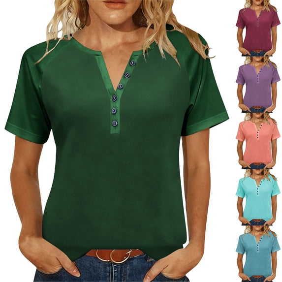 Inverlee Women's Plus Size Raglan Short Sleeve Henley Shirts Dressy Casual V Neck Tops Summer Trendy Loose Fit Blouse