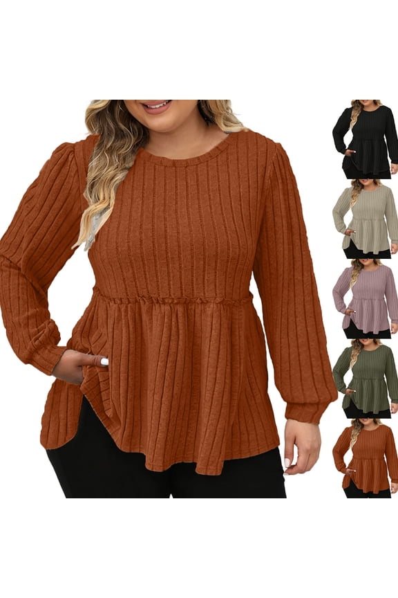 Women's Plus Size Round Neck Vertical Ribbed Peplum Tops Puff Long Sleeve Flowy Swing Blouses Casual Fall Relaxed Fit Everyday Shirts