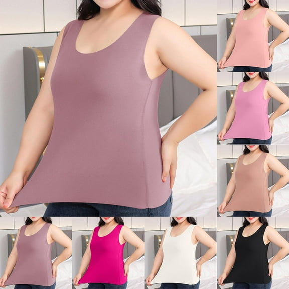 Inverlee Women's Plus Size Stretchy Thermal Tank Tops Trendy Solid Wrinkle Resistant Crewneck Cami Shirts Summer Versatile Basic Sleeveless Blouse