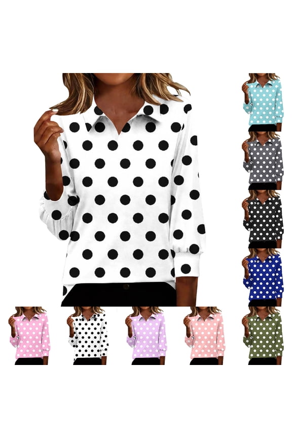 Women's Polka Dot Print 3/4 Sleeve Tops Trendy V Neck Collared Shirts Spring Casual Loose Fit Blouse