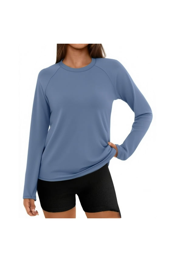 Women's Quick Dry Athletic Round Neck Tops Plus Size Raglan Long Sleeve Shirts Sun Protection Solid Loose Fit Blouse