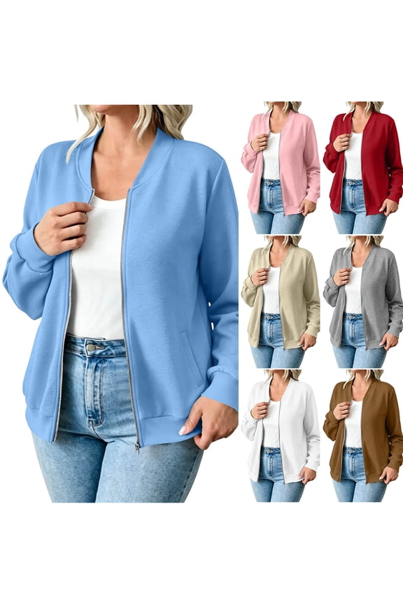 Women's Rib Stand Collar Full Zip Up Bomber Jacket Dual Side Pockets Long Sleeve Solid Color Lightweight Outer Coat Red S