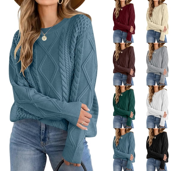 Inverlee Women's Ribbed Knit Embroidered Long Sleeve Shirts Casual Solid Round Neck Sweaters Trendy Elegant Loose Fit Tops
