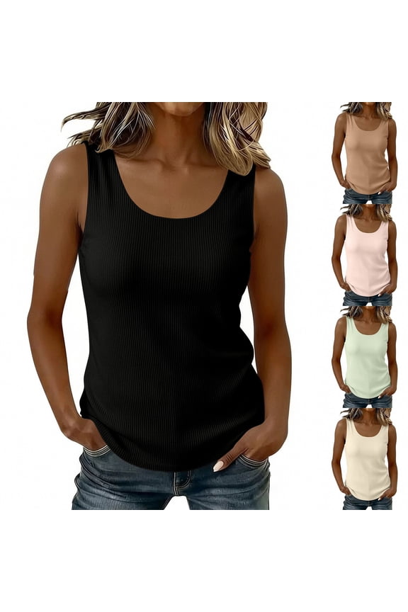Women's Ribbed Scoop Neck Tank Tops for Casual & Layering Wear - Stretchy Nylon Spandex Sleeveless Blouse Green L