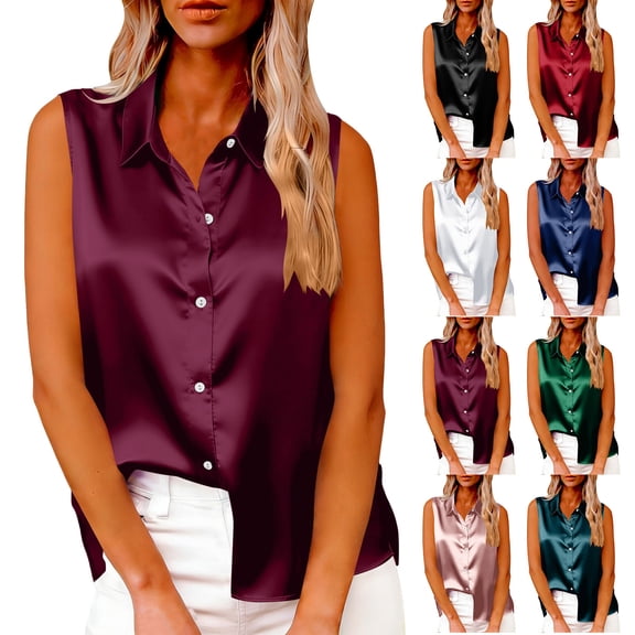 Inverlee Women's Satin Trendy Workout Tanks Casual Business Sleeveless Tops Summer Solid Button Down Cami Vest Shirts