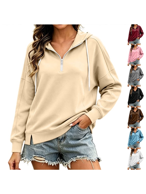 Women's Side Split Half Zip Hooded Sweatshirts Drawstring Long Sleeve Raglan Cuff Loose Fit Casual Pullover TopsBlack(S-XXL)