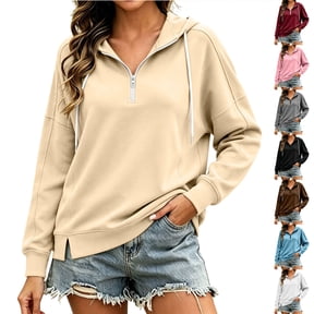 Inverlee Women's Side Split Half Zip Hooded Sweatshirts Drawstring Long Sleeve Raglan Cuff Loose Fit Casual Pullover TopsWhite(S-XXL)