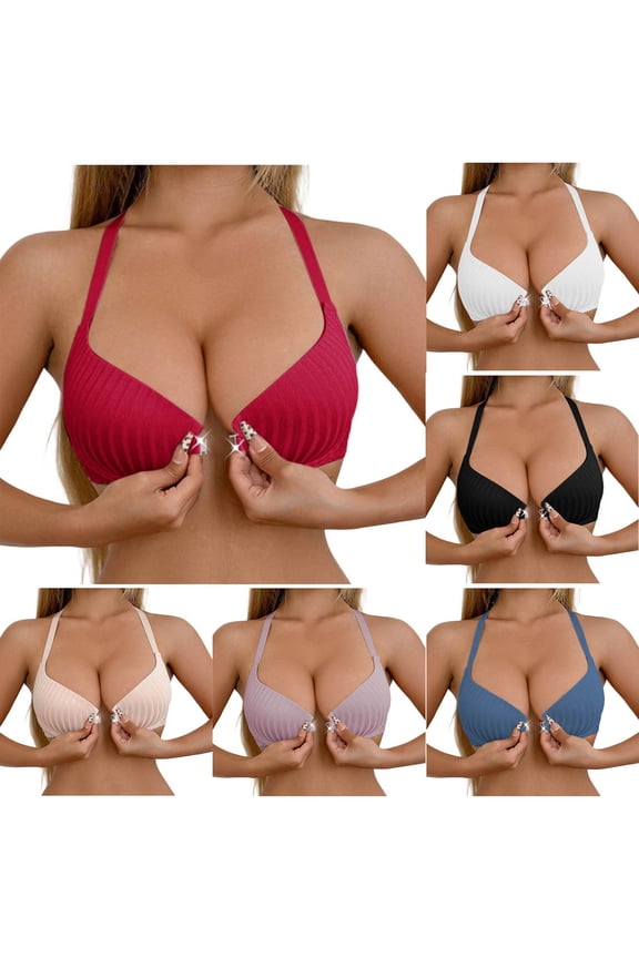 Women's Solid Color Ribbed Wireless Bras Front Clasp Halter Neck Push Up Side Smoothing Breathable Adjustable Straps LingerieBlack