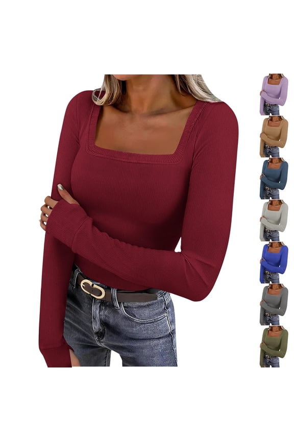 Women's Solid Ribbed Knit Tops Fall Casual Square Neck Tops Winter Trendy Long Sleeve Slim Fit Blouse