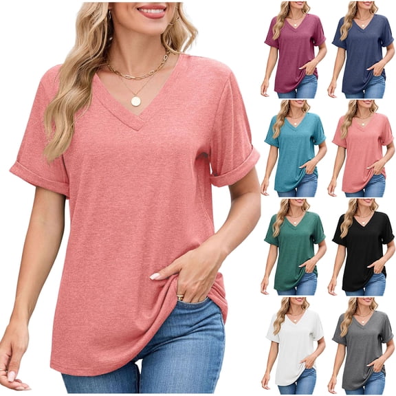 Inverlee Women's Solid Short Sleeve Shirts Trendy V Neck Blouse Summer Casual Loose Fit Tops