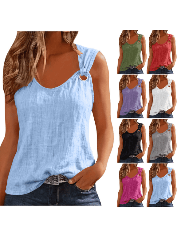 Women's Solid U Neck Tank Tops Sleeveless Loose Fit Shirt Spring Summer Casual Tee