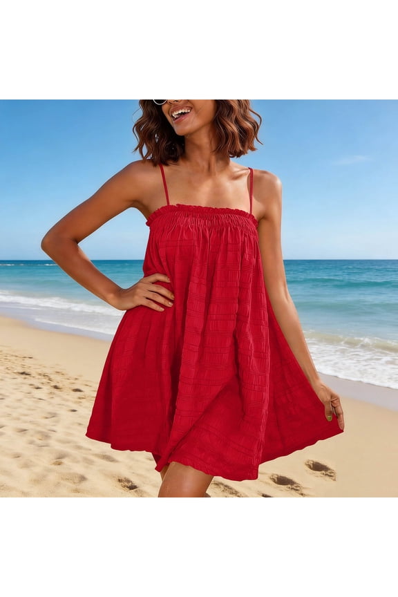 Women's Spaghetti Strap Smocked Mini Dress Casual Summer Beach Party Sundress Trendy Solid Vacation Dresses Red S