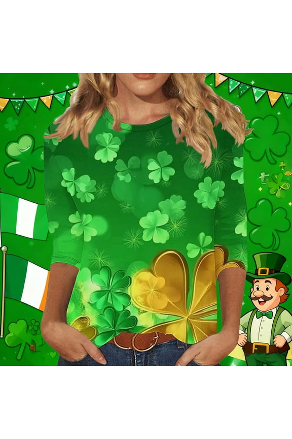 Women's St Patrick's Day 3/4 Sleeve Irish Themed Blouse Plus Size Gold Four Leaf Clover Print Round Neck Tee Shirts Trendy Celebratory Loose Fit Festive Tunic Tops