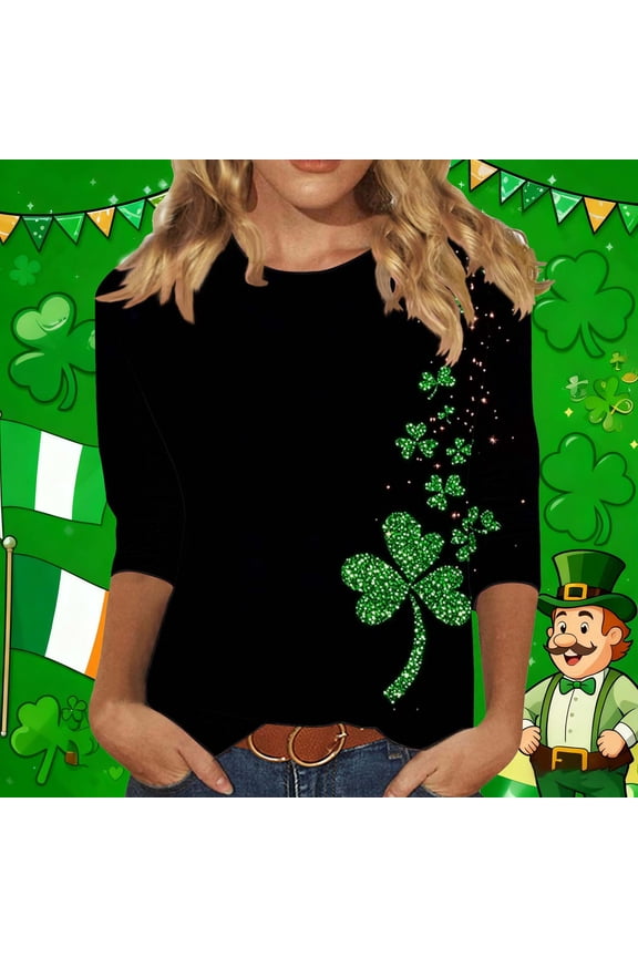 Women's St.Patrick's Day 3/4 Sleeve Plus Size Shirts Trendy Casual Irish Themed Round Neck Blouse Four Leaf Clover Print Breathable Loose Fit Festive Tee Tops