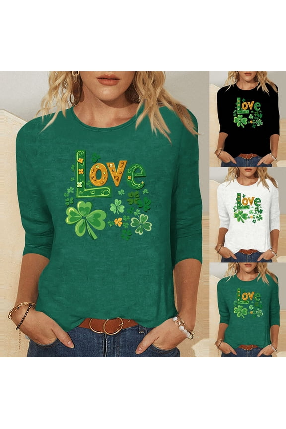 Women's St.Patrick's Day 3/4 Sleeve Plus Size Tops Casual Four Leaf Clover Print Round Neck Shirts Trendy Relax Fit Festive Themed Blouse