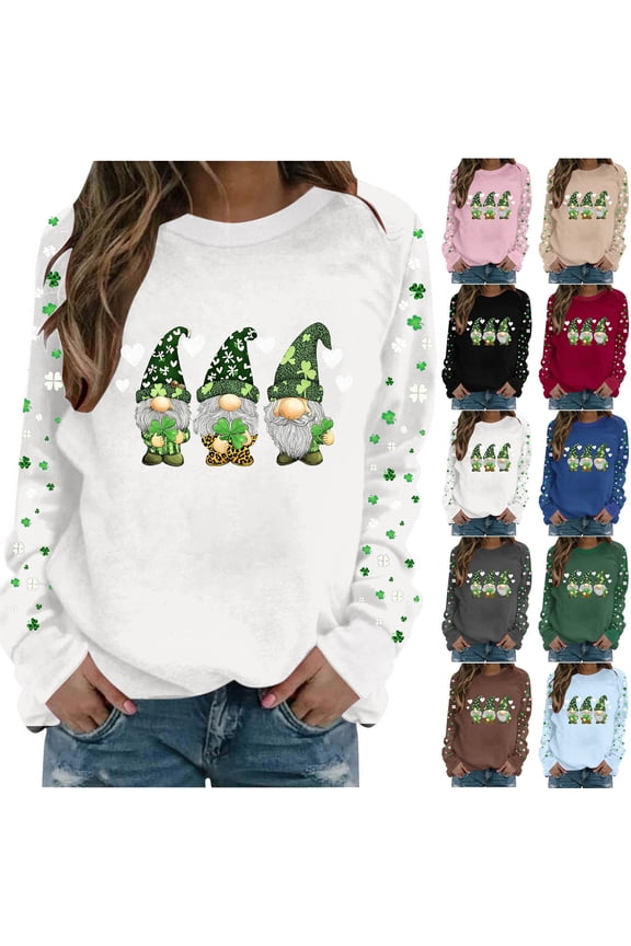 Women's St Patrick's Day Long Sleeve Plus Size Tee Shirts Trendy Flowy Ireland Celebratory Crewneck Tops Casual Loose Fit Four Leaf Clover Print Festive Tunic Blouse