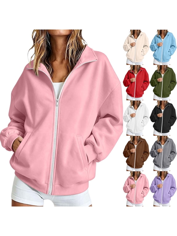 Women's Stand Collar Full Zip Up Hoodless Jacket Dual Side Pockets Oversized Long Sleeve Solid Color Casual Outerwear Black M
