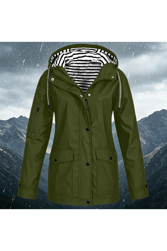 Women's Striped Lined Hooded Rain Jacket with Multi Pockets Water Resistant Outdoor Windbreaker Army Green S