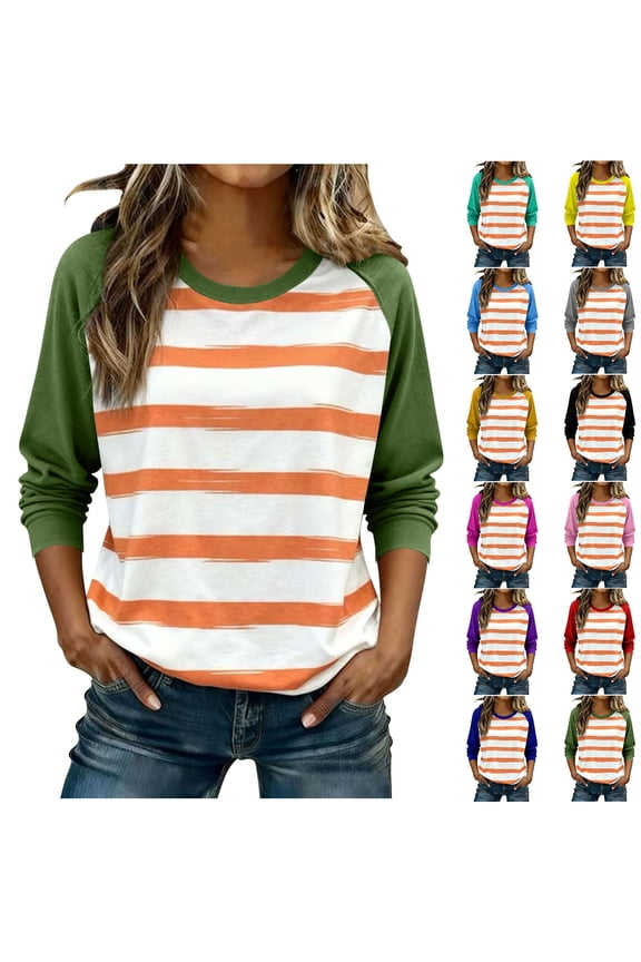 Women's Striped Long Sleeve Shirts Trendy Round Neck Tops Casual Loose Fit Blouse
