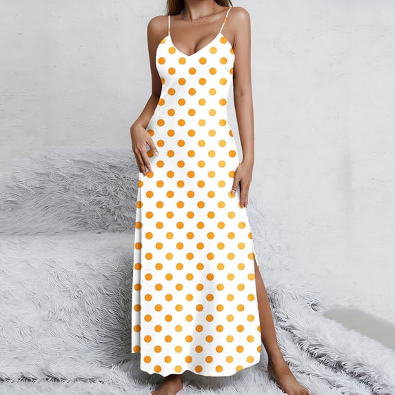Inverlee Women's Summer Nightgowns Trendy V-Neck Spaghetti Strap Satin Slip Maxi Dress Casual Polka Dot Print Sleep Dress with Side Slit