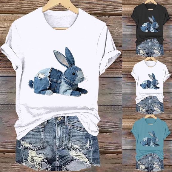 Inverlee Women's Summer Short Sleeve Tops Rabbit Print Round Neck Shirts Cute Casual Blouse