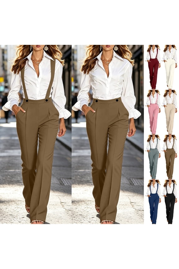 Women's Suspender High Waist Pants Pleated Wide Leg Formal Work Trousers with Detachable Straps Beige XXL