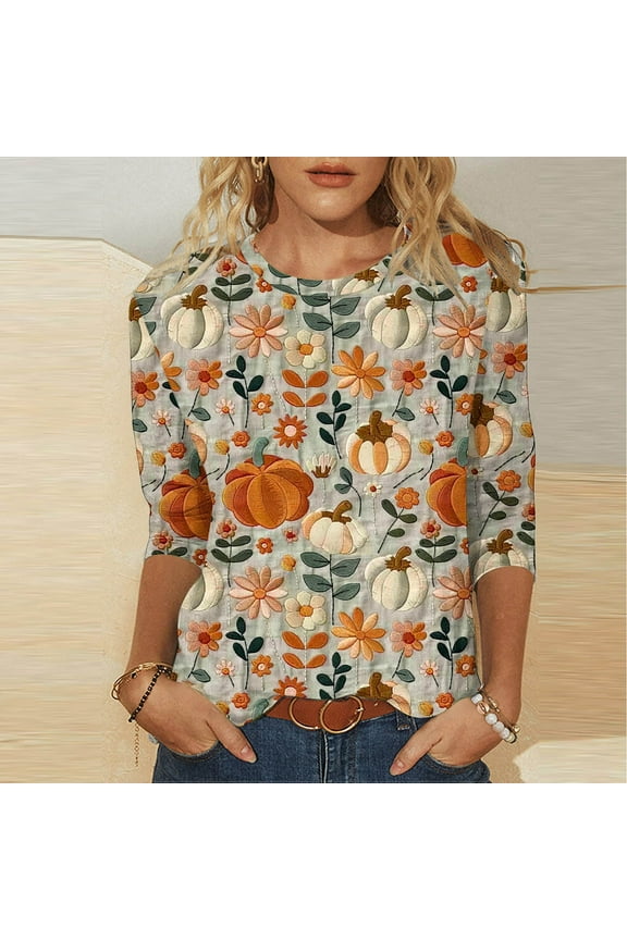 Women's Thanksgiving Shirts Cute Turkey Pumpkin Graphic Tees Comfy 3/4 Sleeve Soft T-shirts Crewneck Dressy Casual Tops Outfit