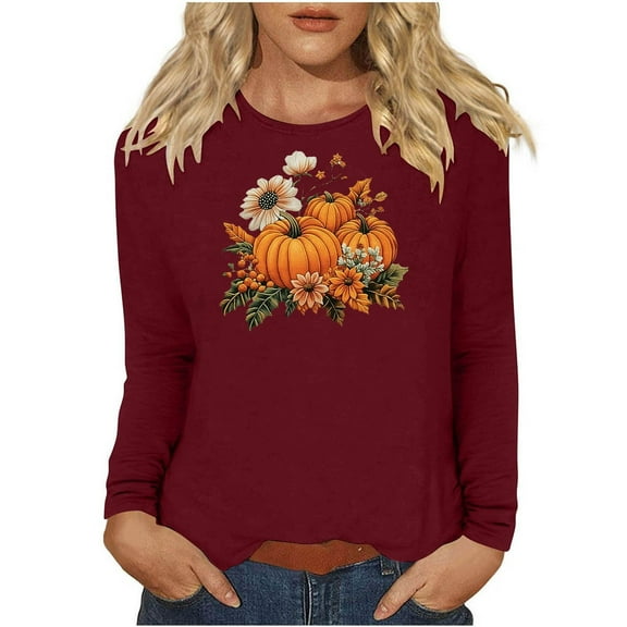 Inverlee Women's Thanksgiving Shirts Cute Turkey Pumpkin Print Tees Trendy Long Sleeve Stretch T-shirts Crewneck Tunic Blouse Tops