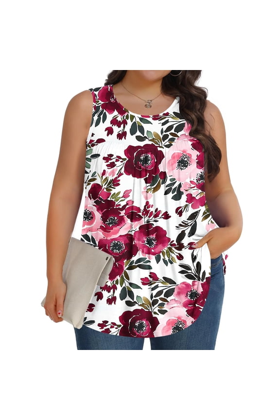 Women's Trendy Flowy Tank Tops Floral Print Plus Size Baggy Crewneck Cami Shirts Dressy Casual Breathable Comfort Sleeveless Blouse