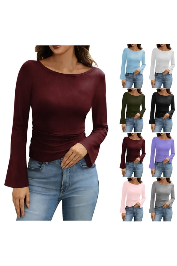 Women's Trendy Long Bell Sleeve Shirts Solid Round Neck Tops Winter Pleated Pullover Blouse