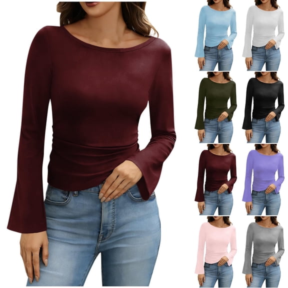 Inverlee Women's Trendy Long Bell Sleeve Shirts Solid Round Neck Tops Winter Pleated Pullover Blouse