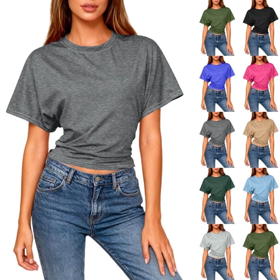Inverlee Women's Trendy Short Sleeve Crop Tops Solid Slim Fit Round Neck Shirts Summer Waist Fitted Batwing Blouse